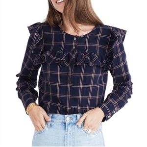 Madewell Ruffle Plaid Top in Burgundy Navy Large
